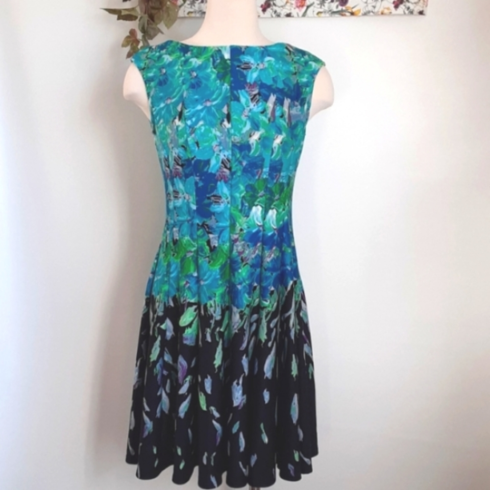 Gorgeous! db established 1962 stretch fit & flare pleated dress blue green flora
